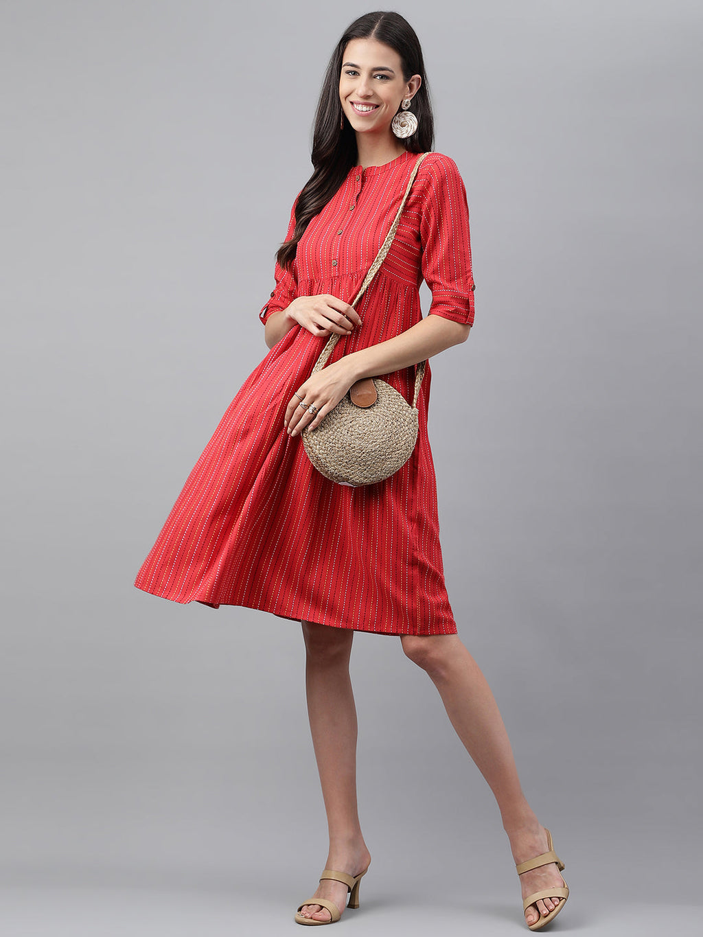Janasya Women's Red Cotton Woven Design Flared Casual Dress | Grocsy