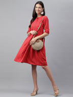 Janasya Women's Red Cotton Woven Design Flared Casual Dress | Grocsy