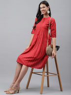 Janasya Women's Red Cotton Woven Design Flared Casual Dress | Grocsy