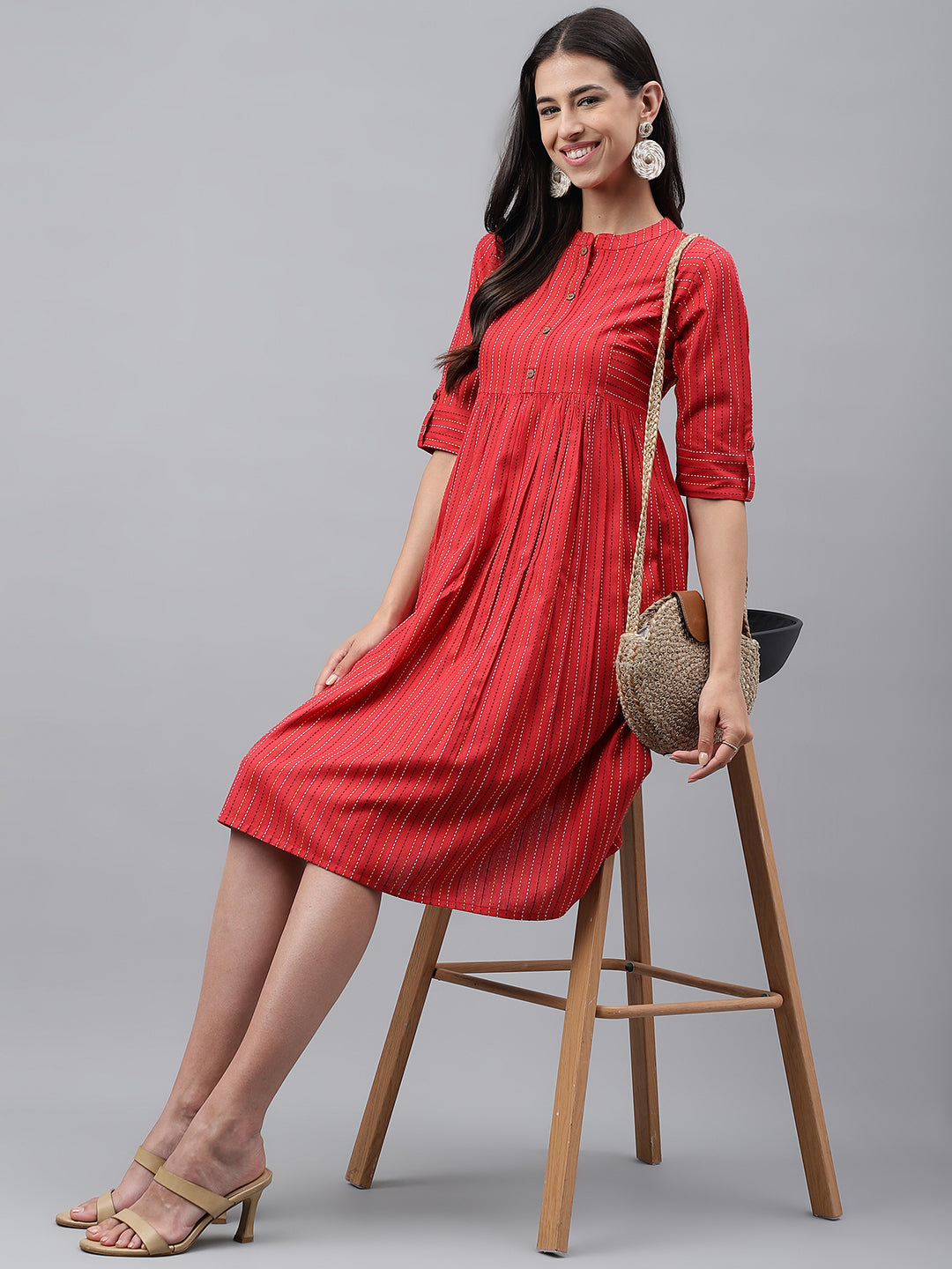 Janasya Women's Red Cotton Woven Design Flared Casual Dress | Grocsy