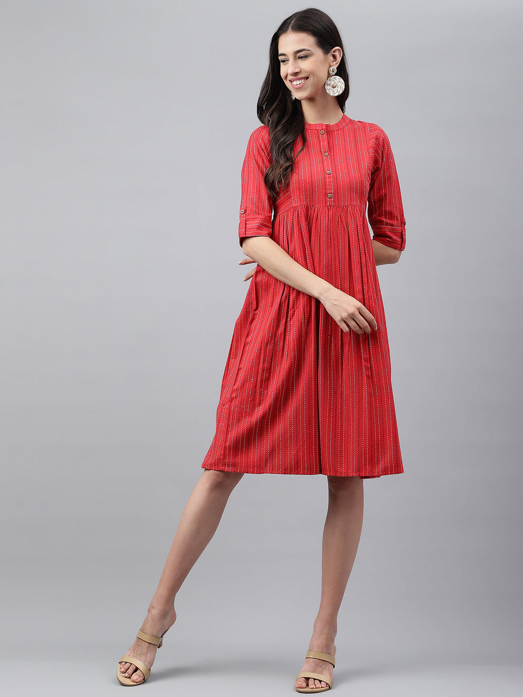 Janasya Women's Red Cotton Woven Design Flared Casual Dress | Grocsy