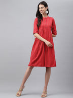 Janasya Women's Red Cotton Woven Design Flared Casual Dress | Grocsy