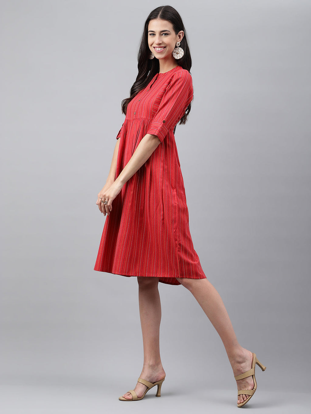 Janasya Women's Red Cotton Woven Design Flared Casual Dress | Grocsy