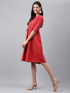 Janasya Women's Red Cotton Woven Design Flared Casual Dress | Grocsy