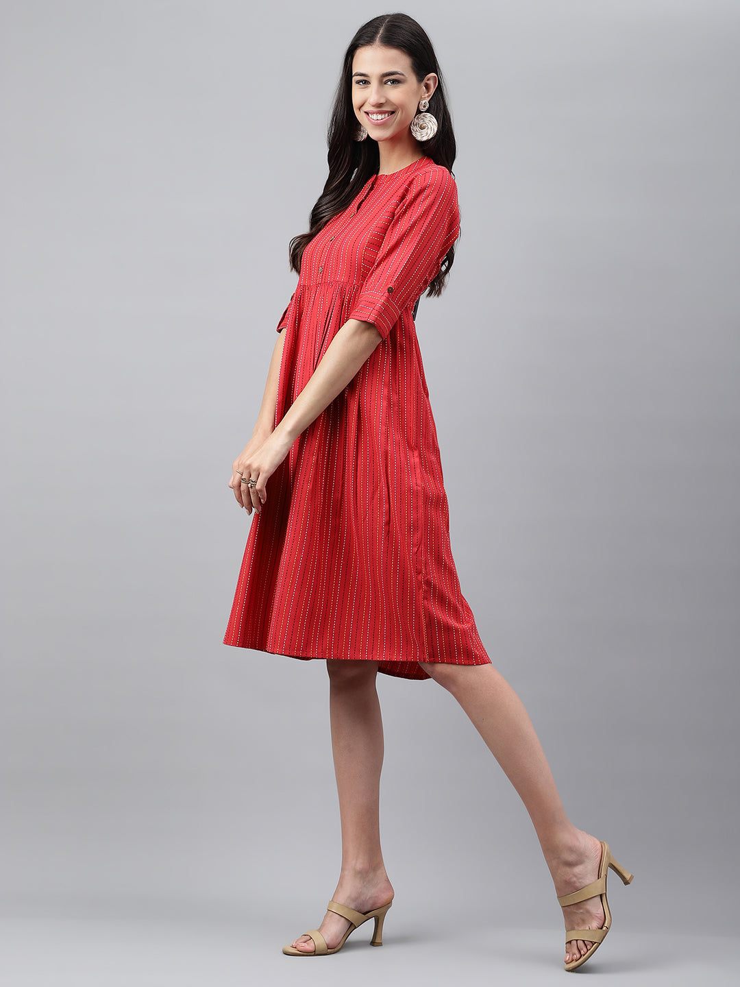 Janasya Women's Red Cotton Woven Design Flared Casual Dress | Grocsy