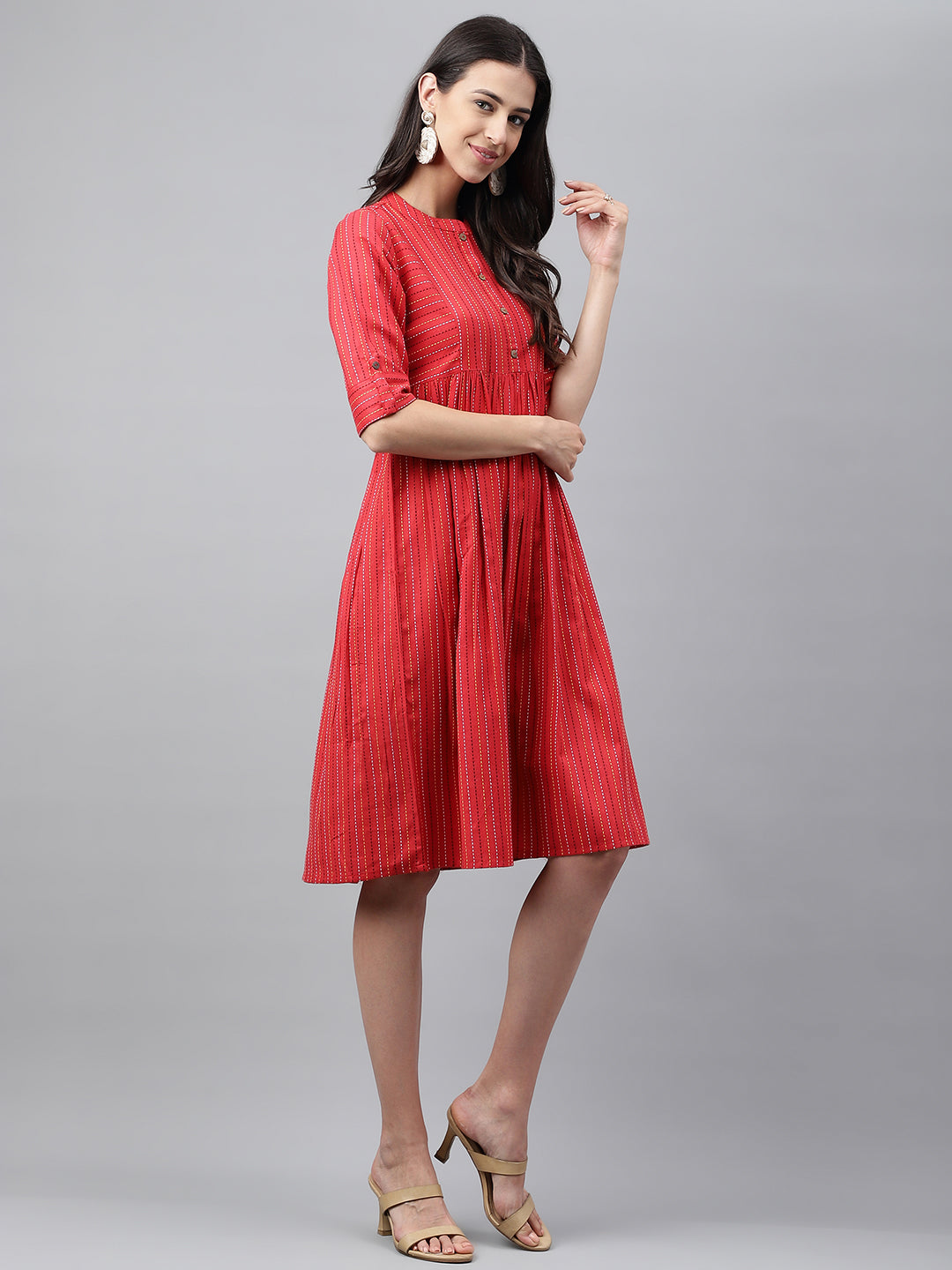 Janasya Women's Red Cotton Woven Design Flared Casual Dress | Grocsy