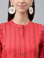Janasya Women's Red Cotton Woven Design Flared Casual Dress | Grocsy