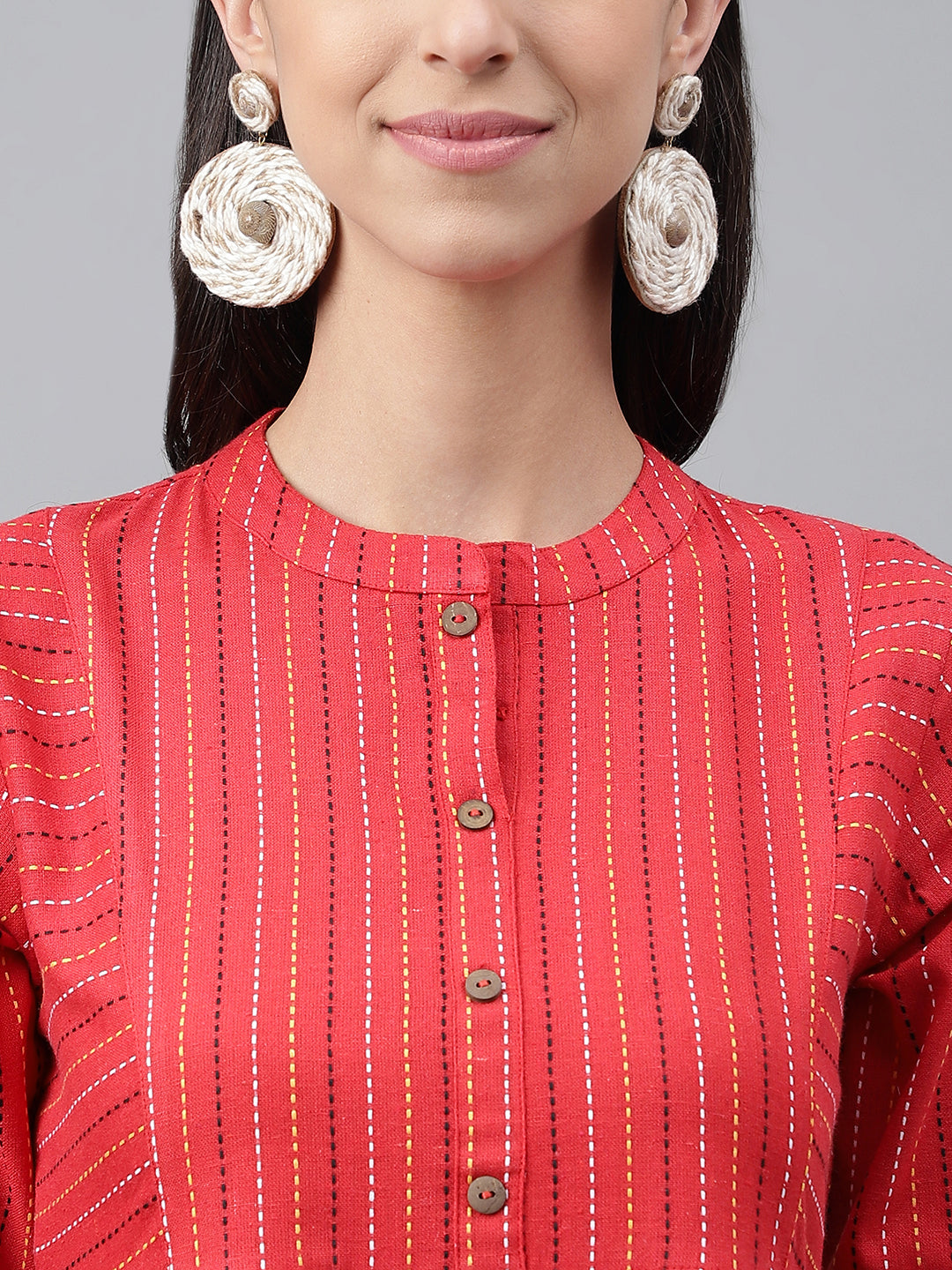 Janasya Women's Red Cotton Woven Design Flared Casual Dress | Grocsy