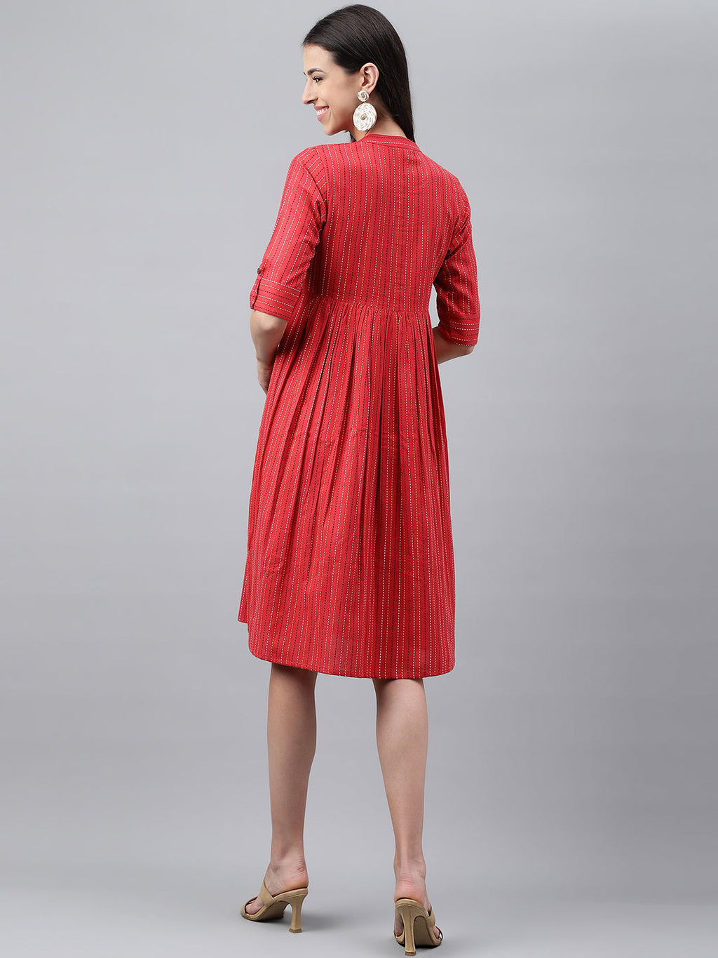 Janasya Women's Red Cotton Woven Design Flared Casual Dress | Grocsy