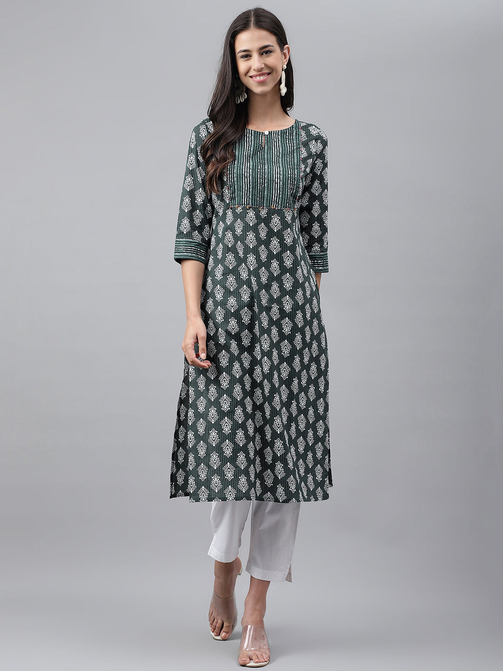 Janasya Women's Dark Green Cotton Ethnic Motifs Casual Straight Kurta | Grocsy
