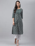 Janasya Women's Dark Green Cotton Ethnic Motifs Casual Straight Kurta | Grocsy