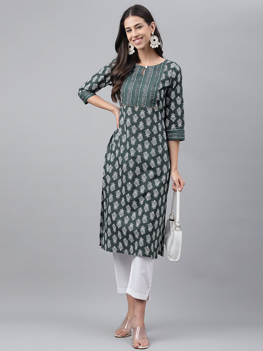 Janasya Women's Dark Green Cotton Ethnic Motifs Casual Straight Kurta | Grocsy