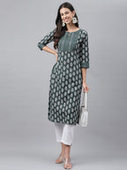 Janasya Women's Dark Green Cotton Ethnic Motifs Casual Straight Kurta | Grocsy
