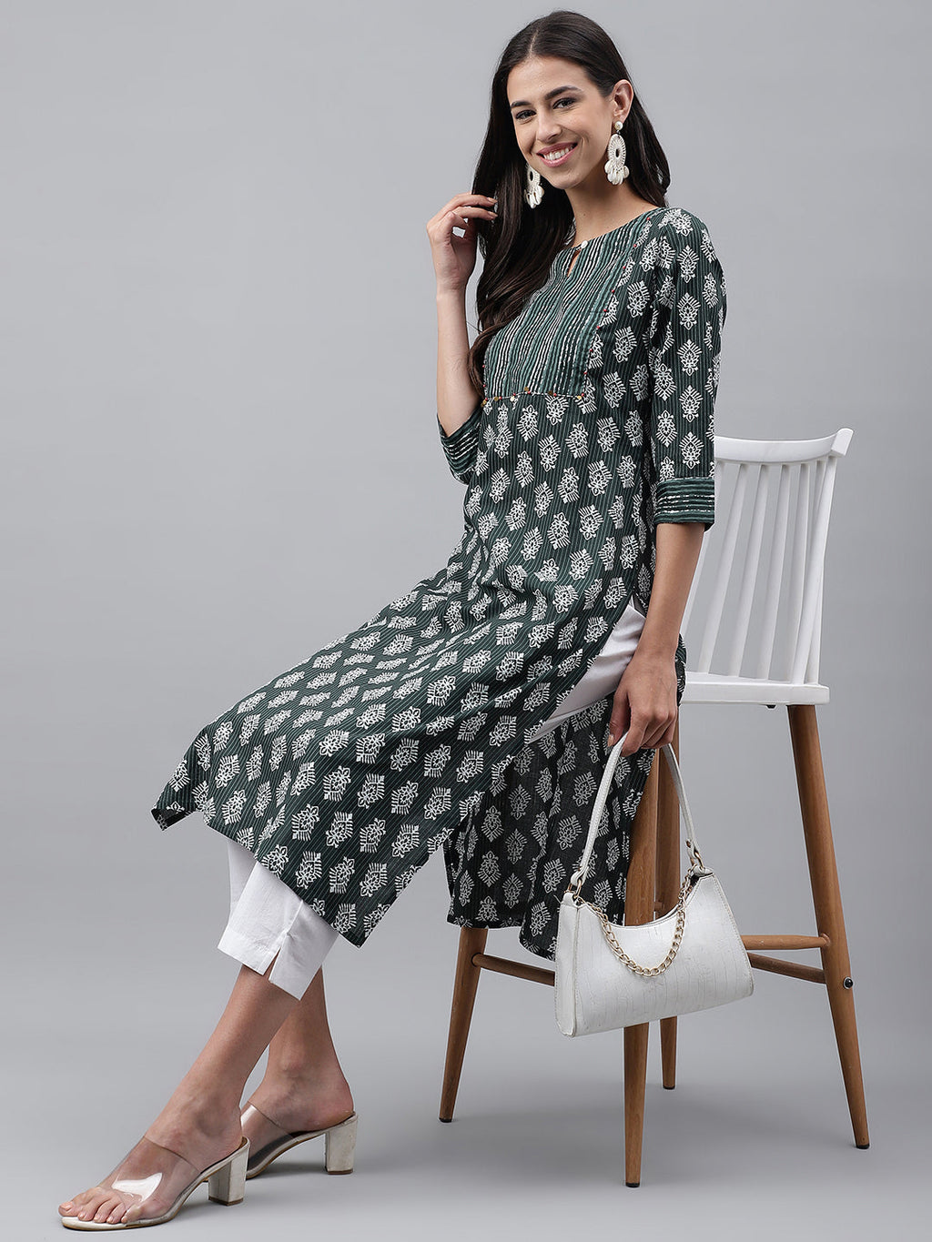 Janasya Women's Dark Green Cotton Ethnic Motifs Casual Straight Kurta | Grocsy