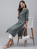 Janasya Women's Dark Green Cotton Ethnic Motifs Casual Straight Kurta | Grocsy