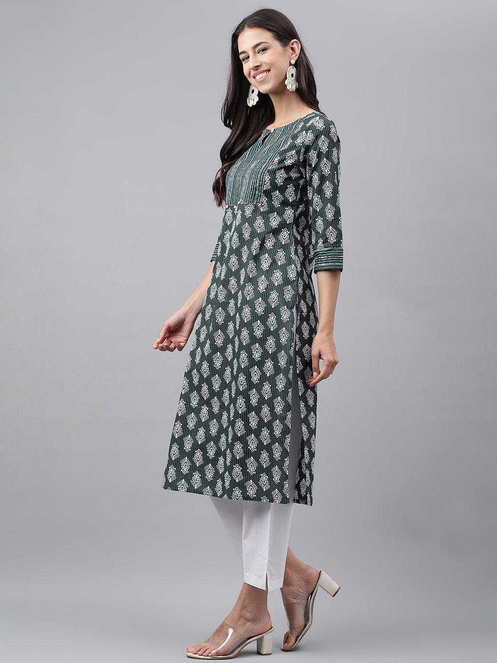 Janasya Women's Dark Green Cotton Ethnic Motifs Casual Straight Kurta | Grocsy