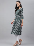 Janasya Women's Dark Green Cotton Ethnic Motifs Casual Straight Kurta | Grocsy