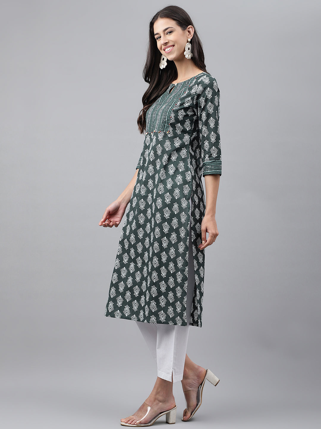 Janasya Women's Dark Green Cotton Ethnic Motifs Casual Straight Kurta | Grocsy