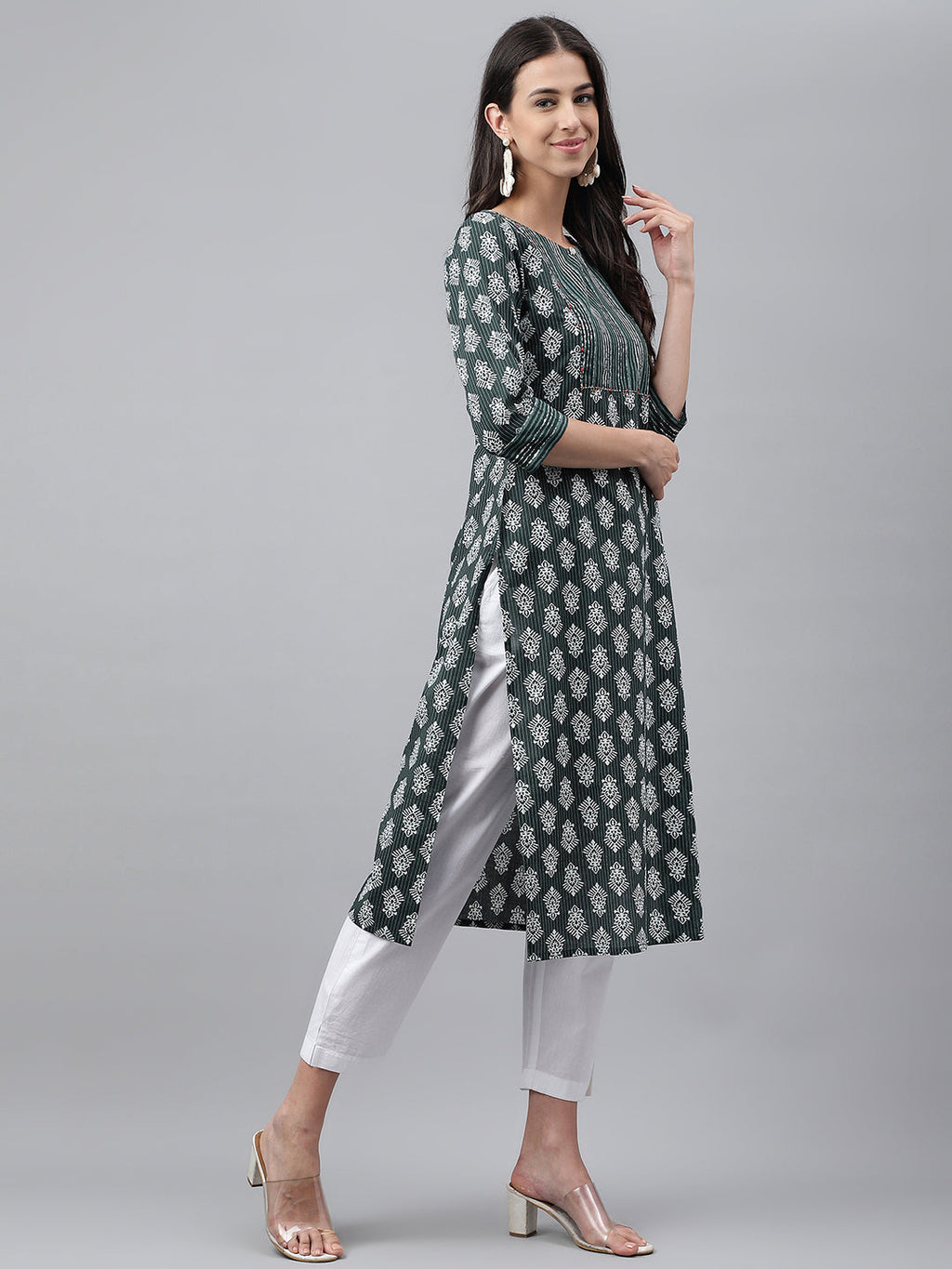Janasya Women's Dark Green Cotton Ethnic Motifs Casual Straight Kurta | Grocsy