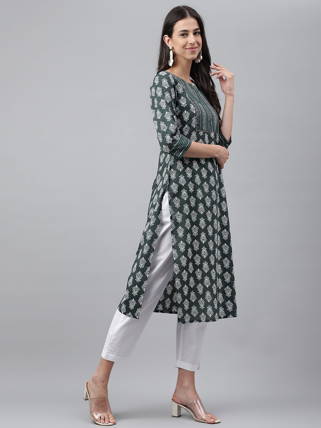 Janasya Women's Dark Green Cotton Ethnic Motifs Casual Straight Kurta | Grocsy