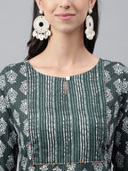 Janasya Women's Dark Green Cotton Ethnic Motifs Casual Straight Kurta | Grocsy