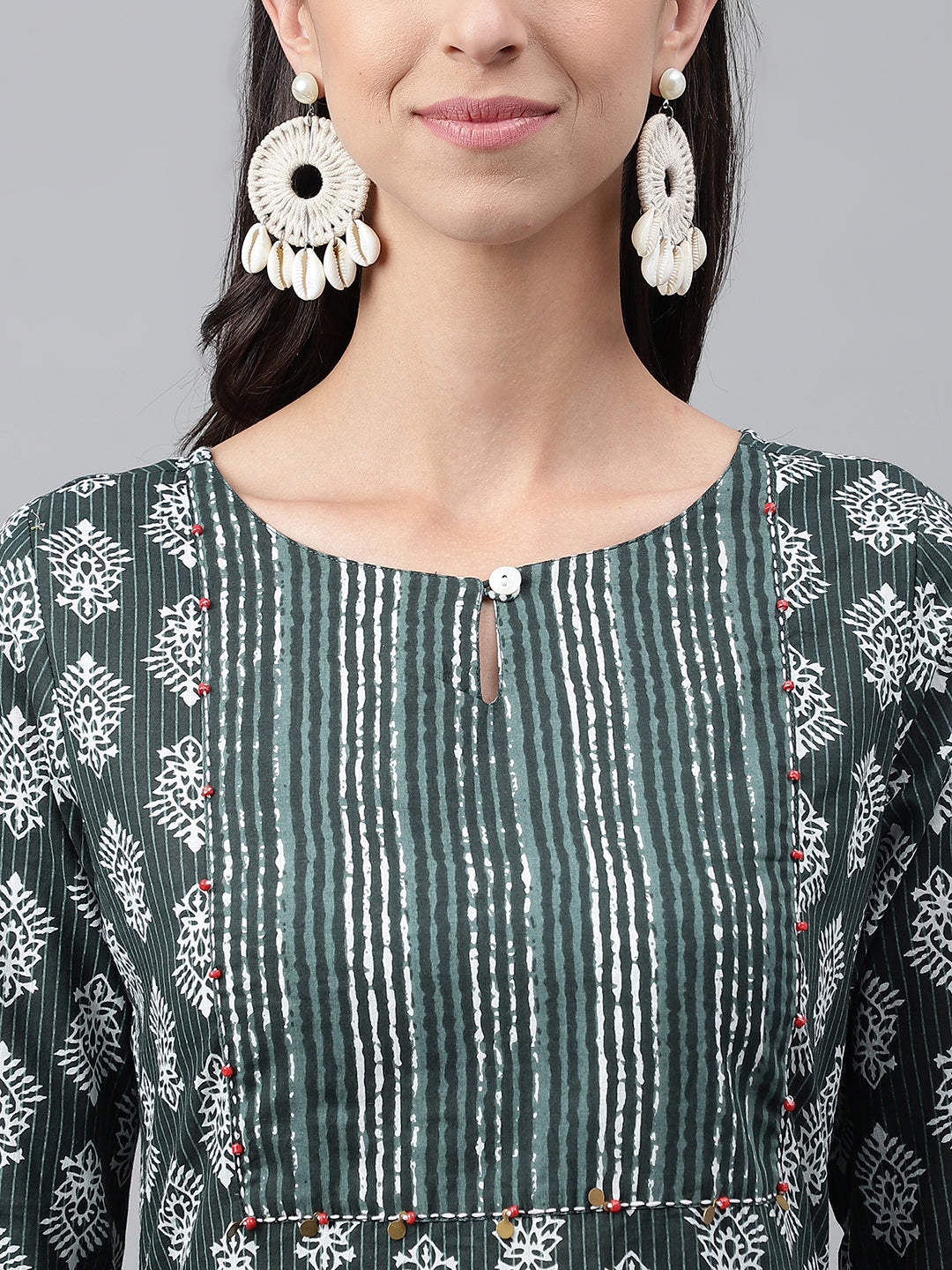 Janasya Women's Dark Green Cotton Ethnic Motifs Casual Straight Kurta | Grocsy