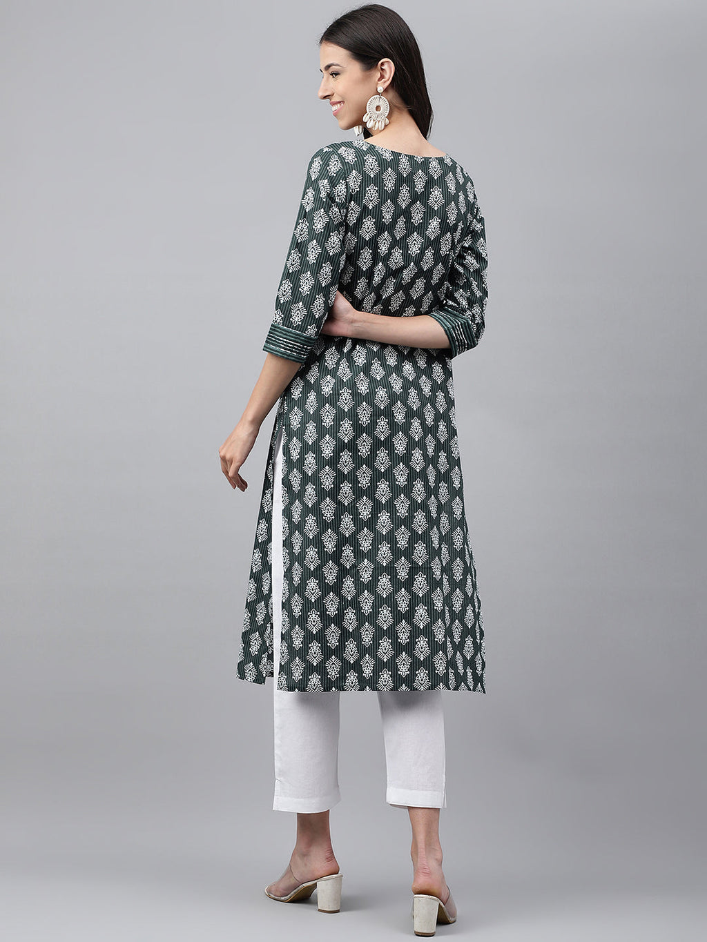 Janasya Women's Dark Green Cotton Ethnic Motifs Casual Straight Kurta | Grocsy