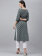 Janasya Women's Dark Green Cotton Ethnic Motifs Casual Straight Kurta | Grocsy