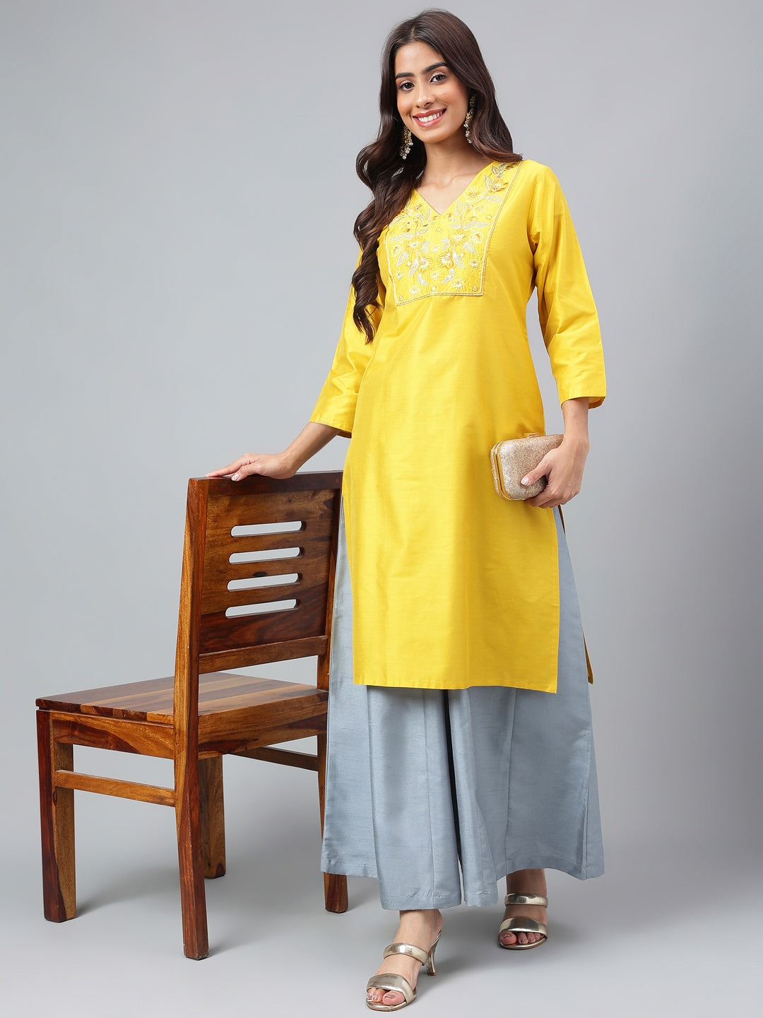 Janasya Women's Yellow Poly Silk Solid Festive Straight Kurta | Grocsy
