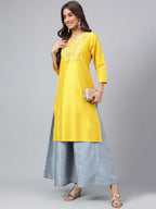 Janasya Women's Yellow Poly Silk Solid Festive Straight Kurta | Grocsy