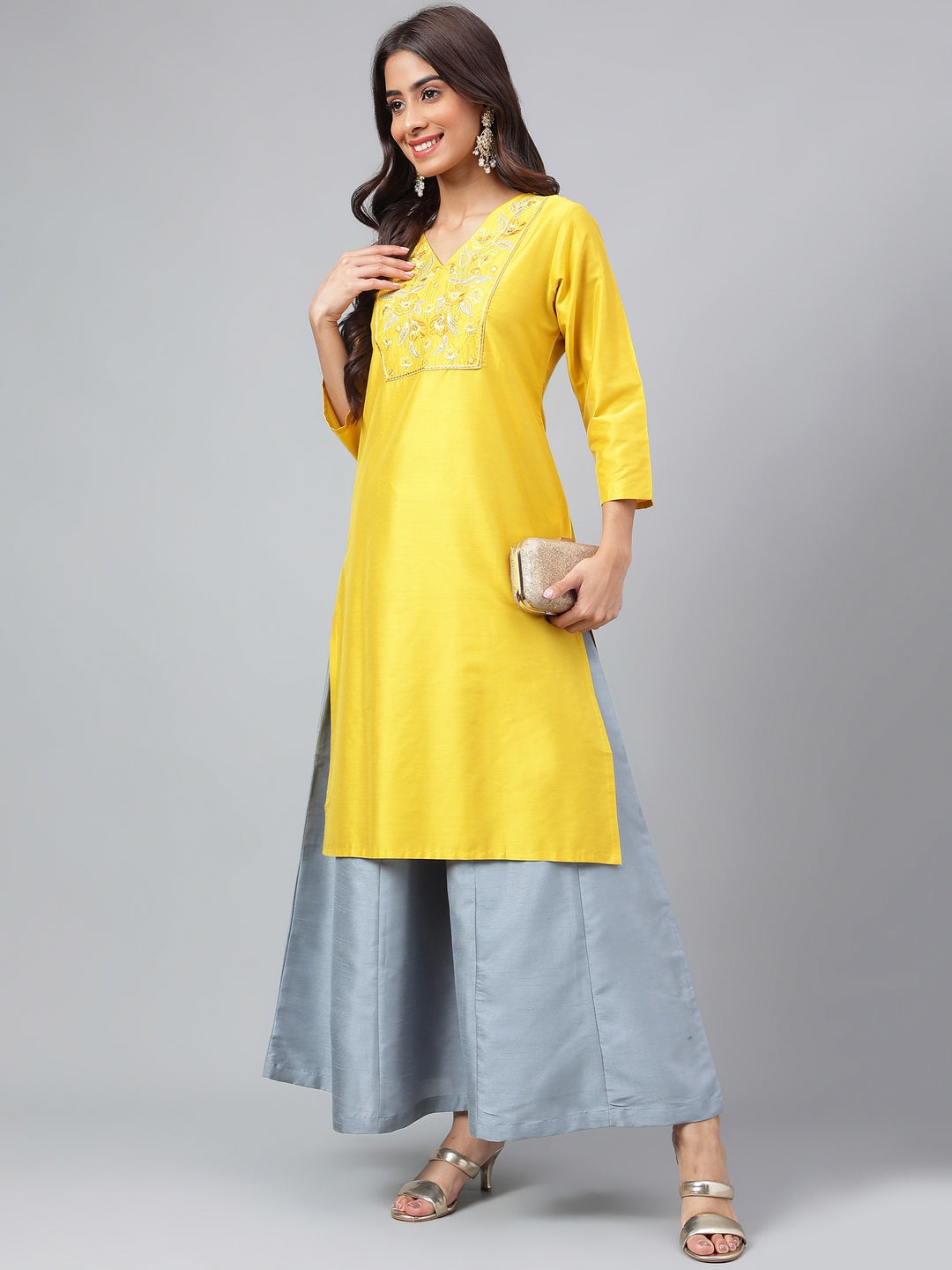 Janasya Women's Yellow Poly Silk Solid Festive Straight Kurta | Grocsy