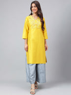 Janasya Women's Yellow Poly Silk Solid Festive Straight Kurta | Grocsy