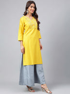 Janasya Women's Yellow Poly Silk Solid Festive Straight Kurta | Grocsy