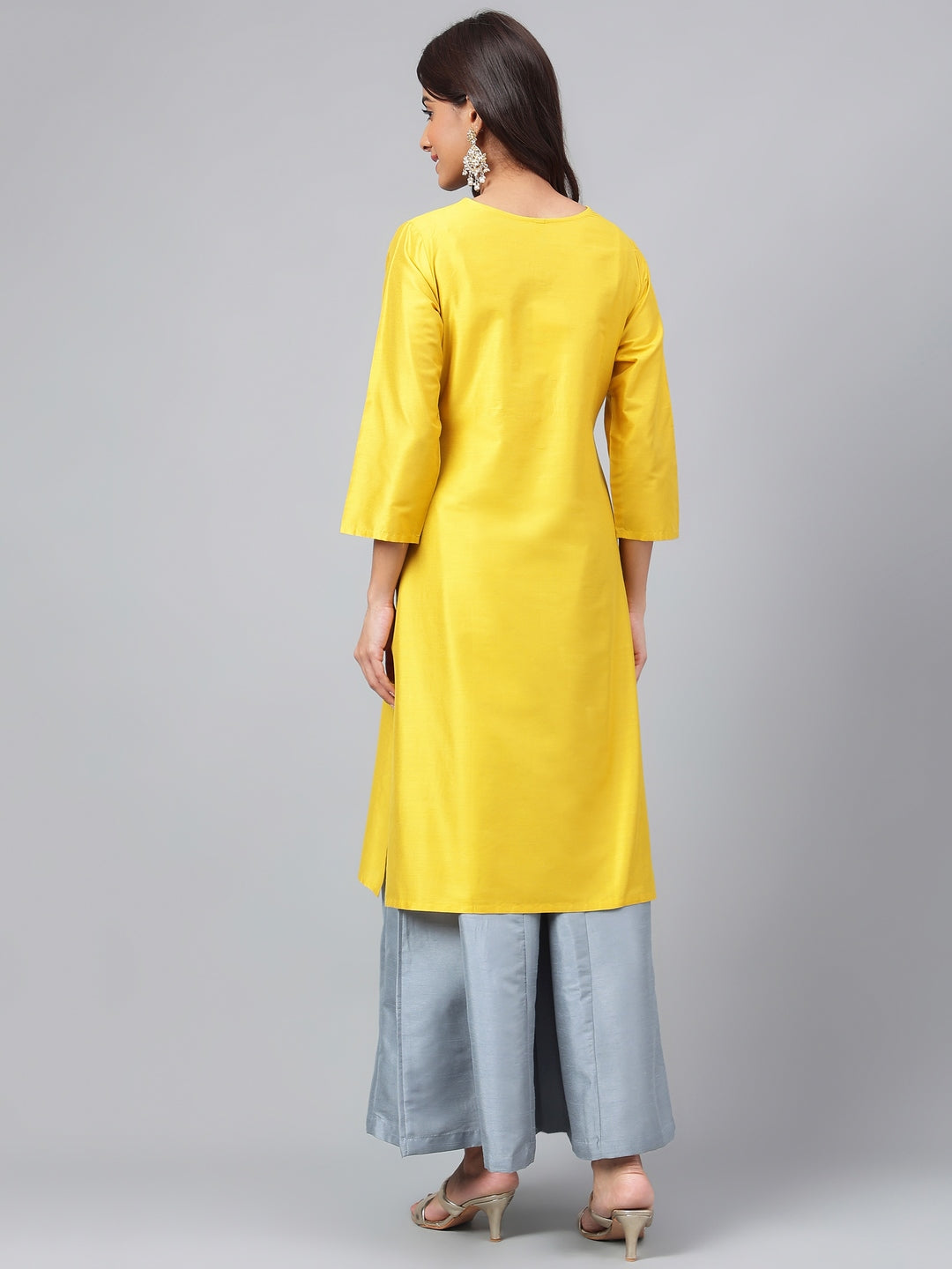 Janasya Women's Yellow Poly Silk Solid Festive Straight Kurta | Grocsy