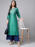 Janasya Women's Peacock Green Poly Silk Solid Festive Straight Kurta | Grocsy
