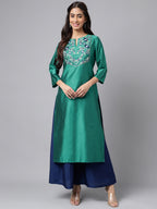 Janasya Women's Peacock Green Poly Silk Solid Festive Straight Kurta | Grocsy