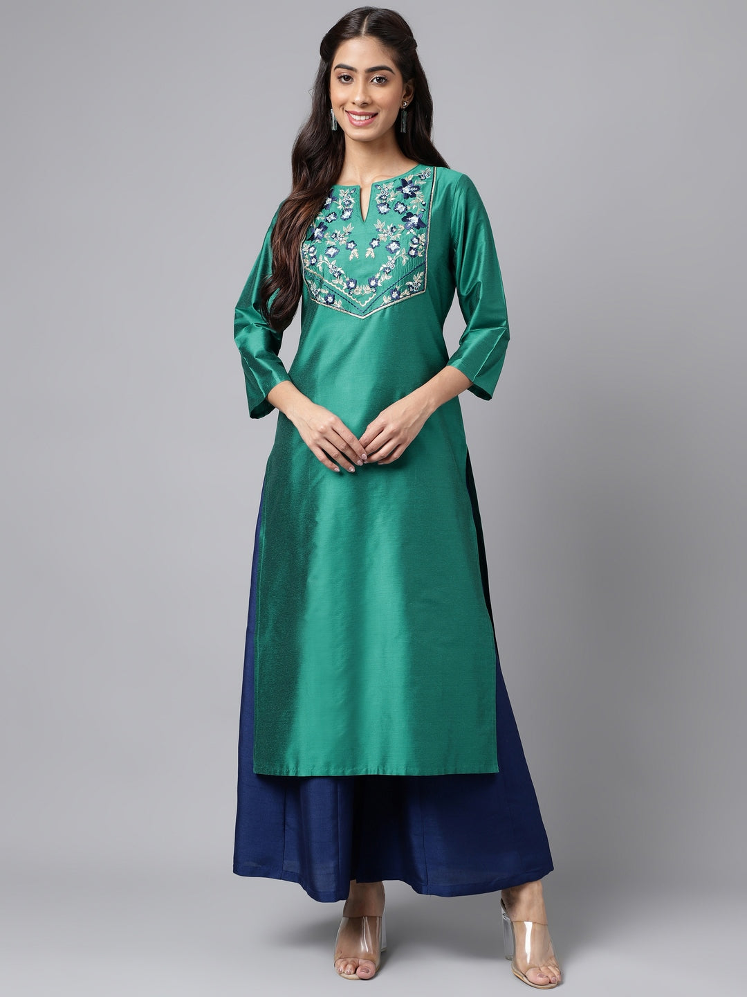 Janasya Women's Peacock Green Poly Silk Solid Festive Straight Kurta | Grocsy