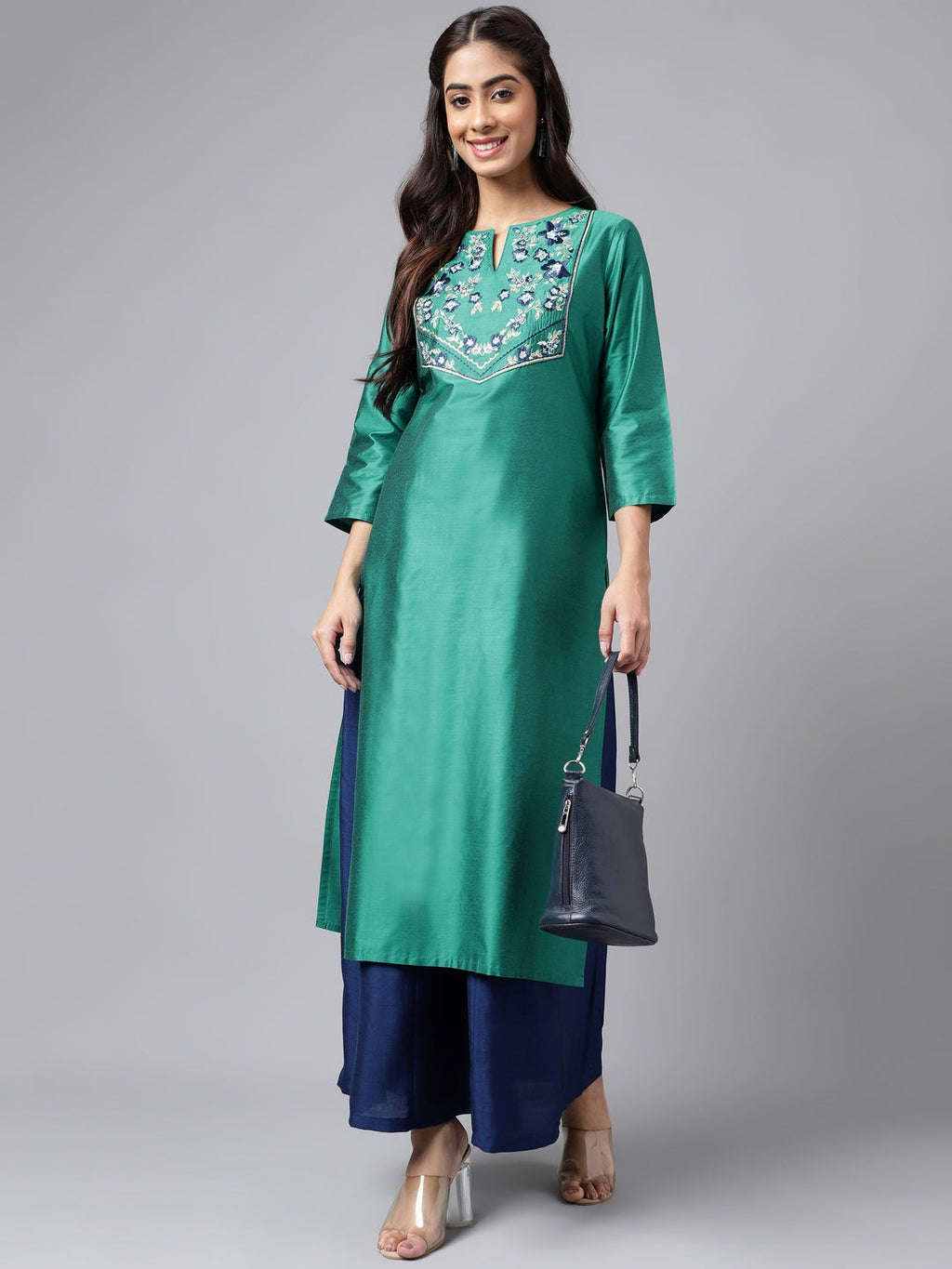 Janasya Women's Peacock Green Poly Silk Solid Festive Straight Kurta | Grocsy