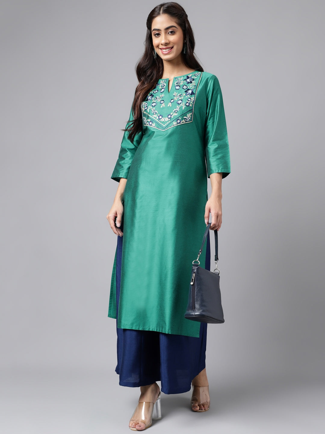 Janasya Women's Peacock Green Poly Silk Solid Festive Straight Kurta | Grocsy