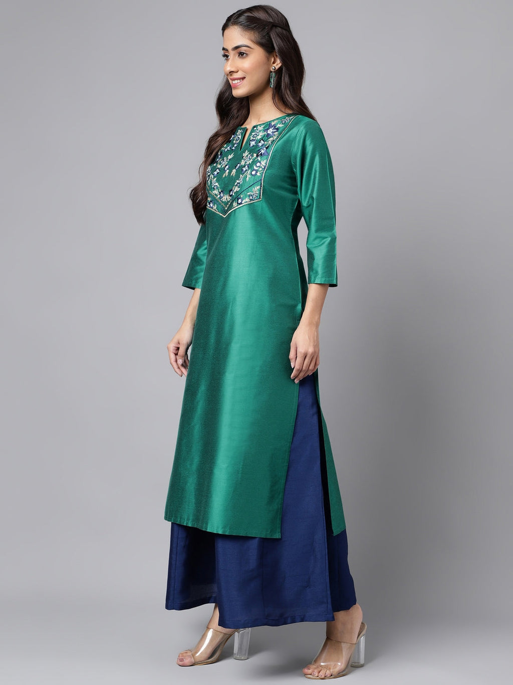 Janasya Women's Peacock Green Poly Silk Solid Festive Straight Kurta | Grocsy