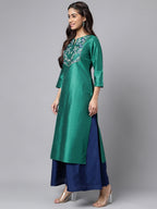 Janasya Women's Peacock Green Poly Silk Solid Festive Straight Kurta | Grocsy