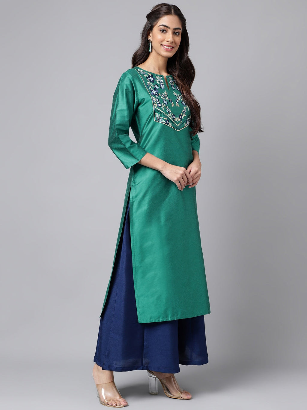 Janasya Women's Peacock Green Poly Silk Solid Festive Straight Kurta | Grocsy