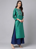 Janasya Women's Peacock Green Poly Silk Solid Festive Straight Kurta | Grocsy