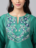 Janasya Women's Peacock Green Poly Silk Solid Festive Straight Kurta | Grocsy