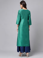 Janasya Women's Peacock Green Poly Silk Solid Festive Straight Kurta | Grocsy