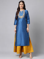 Janasya Women's Blue Poly Silk Solid Festive Straight Kurta | Grocsy