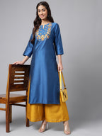 Janasya Women's Blue Poly Silk Solid Festive Straight Kurta | Grocsy