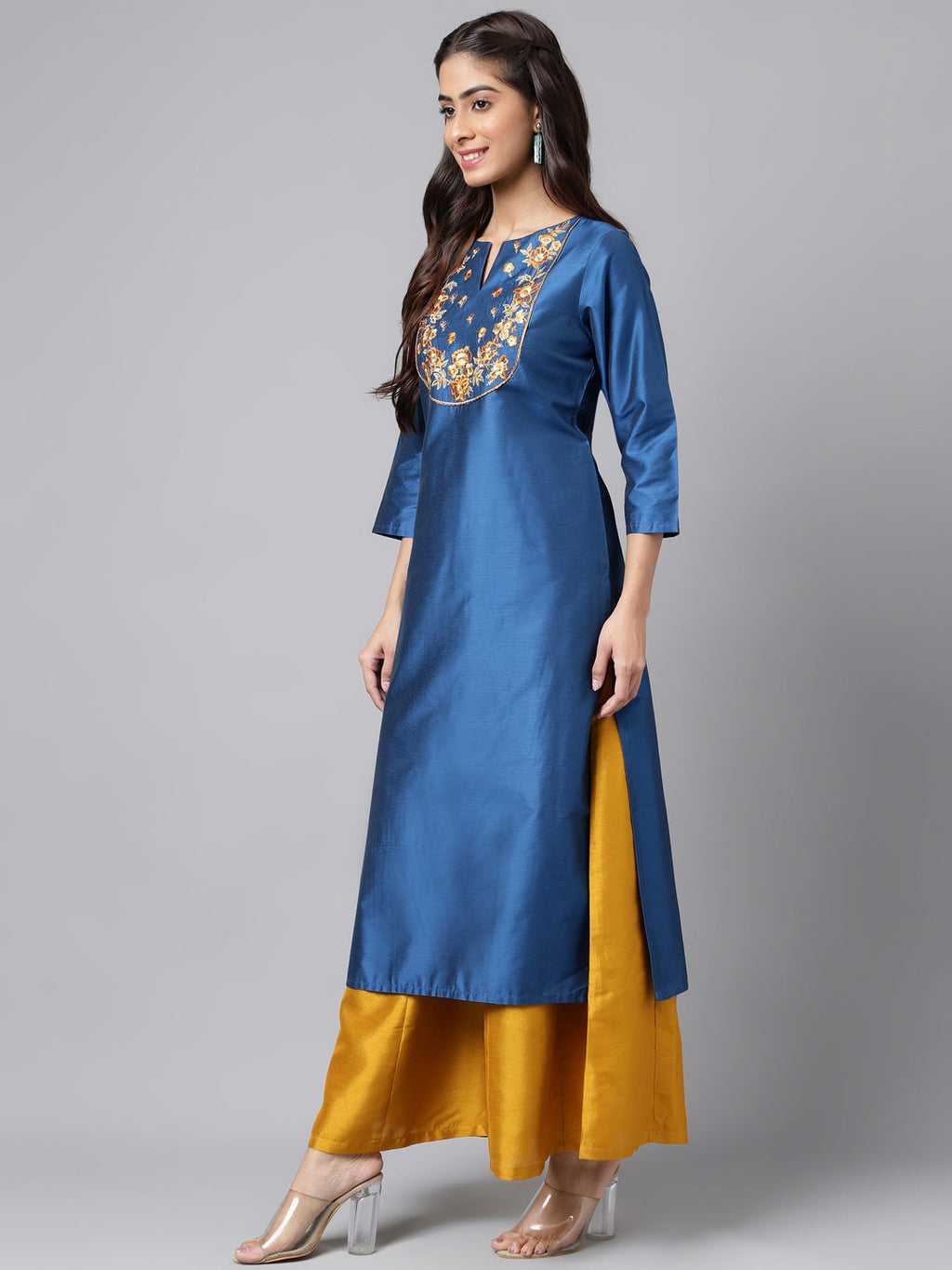Janasya Women's Blue Poly Silk Solid Festive Straight Kurta | Grocsy