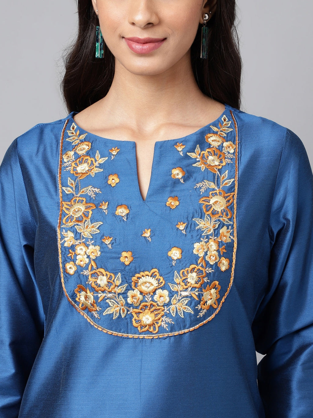 Janasya Women's Blue Poly Silk Solid Festive Straight Kurta | Grocsy