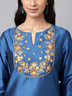 Janasya Women's Blue Poly Silk Solid Festive Straight Kurta | Grocsy